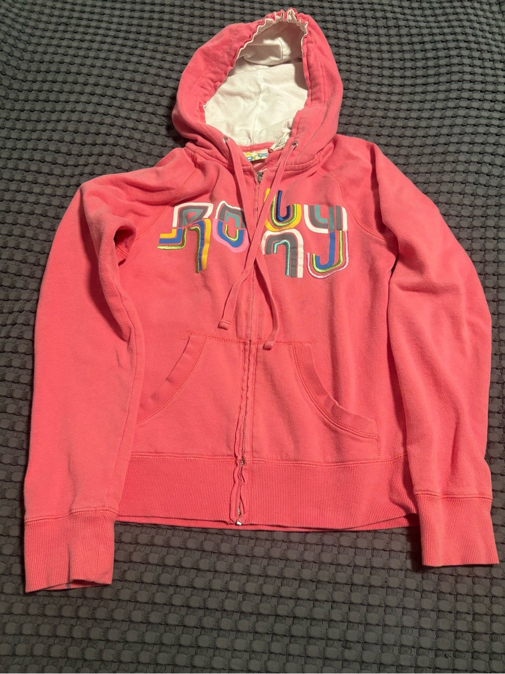 Vintage Y2K Roxy Zip Pink Hoodie Embroidered Spell Out Letters Med fits Small